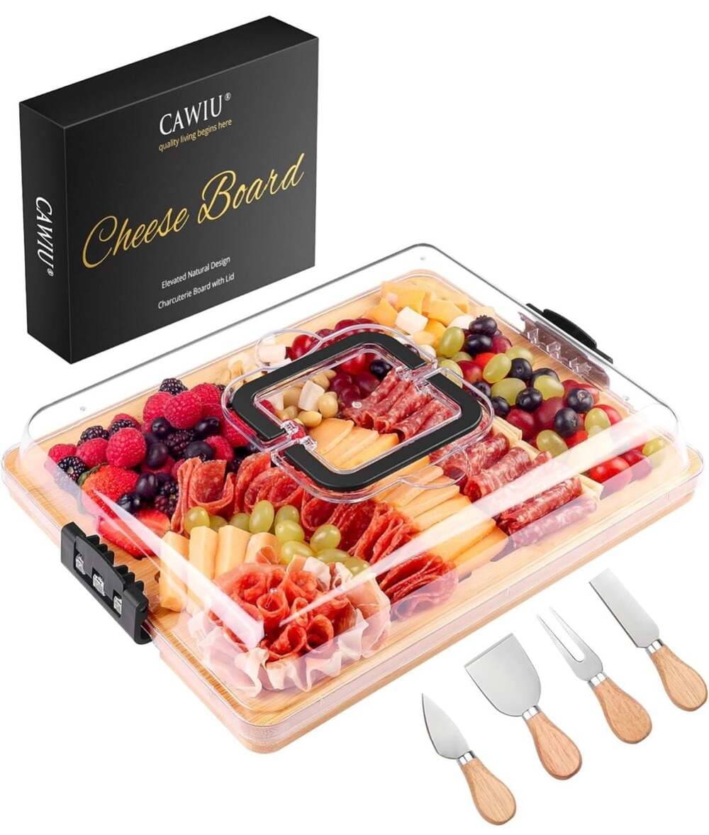 CAWIU Portable Bamboo Charcuterie Board Set with Locking Lid, Handle, and 4 Chee